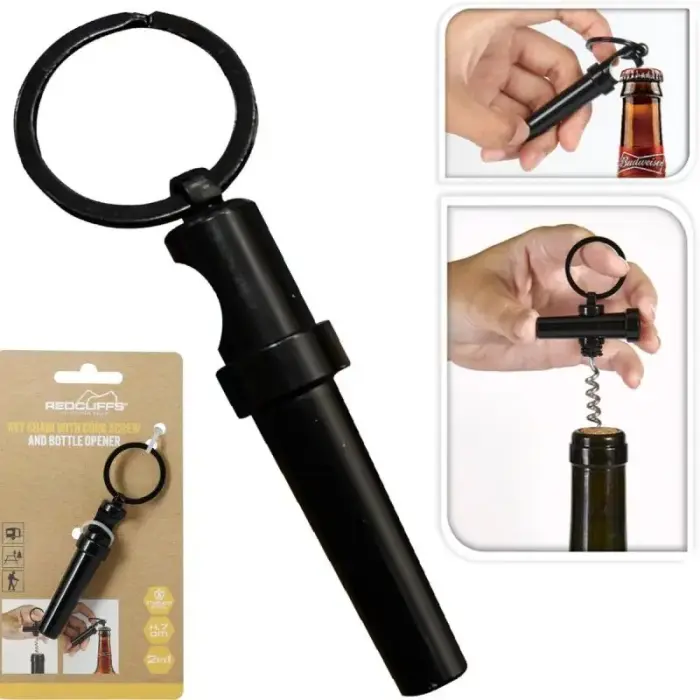 TRAVEL ESSENTIALS KEYRING OPENER CORKSCREW REDCLIFFS
