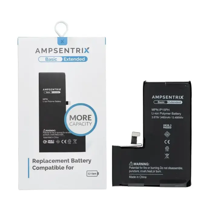 AmpSentrix Basic battery for iPhone 15 Pro (high capacity 3480 mAh)