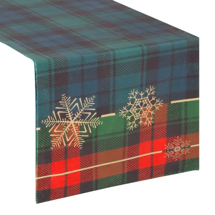 Eurofirany Christmas Table Runner 40x140 Star 01, Green Red Check Pattern with Snowflakes