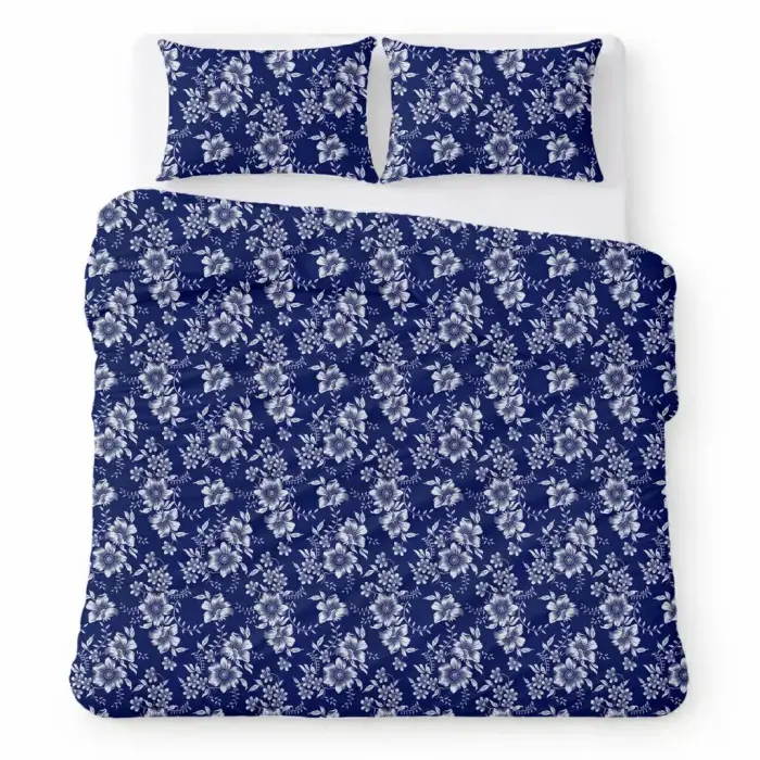 Kokvilnas gultas veļas komplekts COTTON HOME 160x200 cm, tumši zilā un baltā krāsā, ar ziedu rakstu