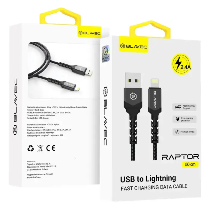 Blavec Cable Raptor braided - USB to Lightning - 2,4A 0,5 metres (CRA-UL24BG05) black-grey