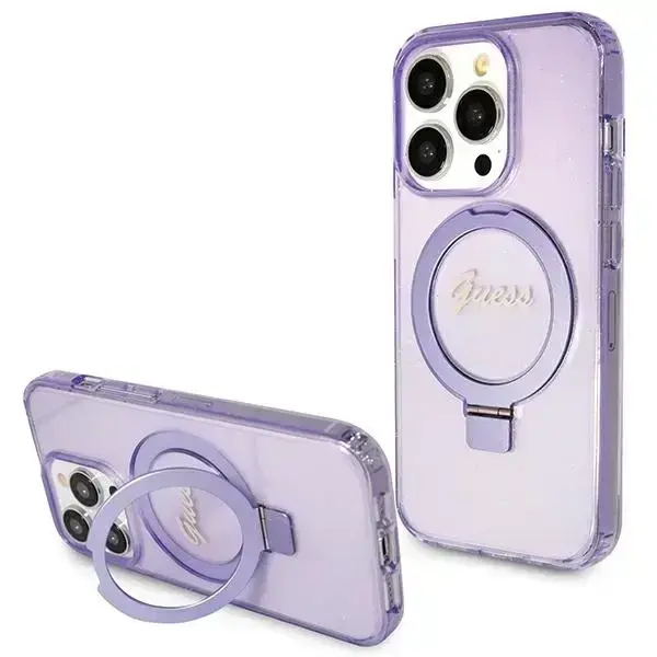 Guess Ring Stand Script Glitter MagSafe vāks iPhone 15 Pro - Violets