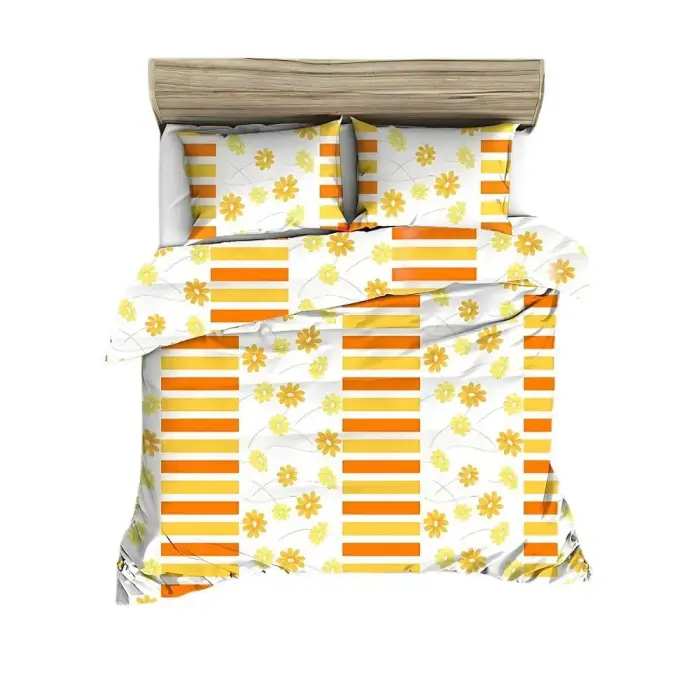 Crêpe Bedding Set 140x200 cm Bielawa 974N White Orange Yellow Flowers Stripes
