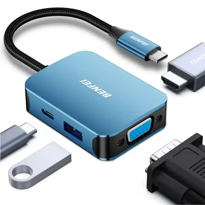 BENFEI 4-ühes USB-C adapterjaotur 4K HDMI, USB-C, 1x USB-A, VGA-ga – sinine