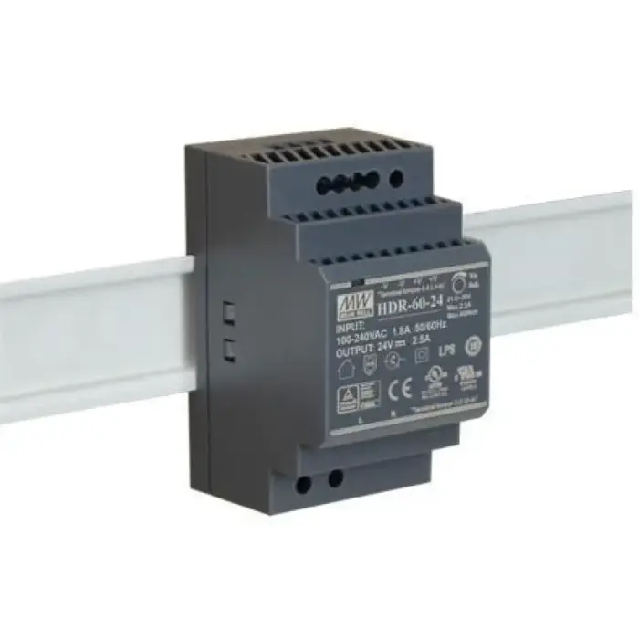 MEAN WELL HDR-60-24 DIN SLIEDES PĀRSLĒGŠANAS BAROŠANAS BLOKS 24V/60W/2.5A