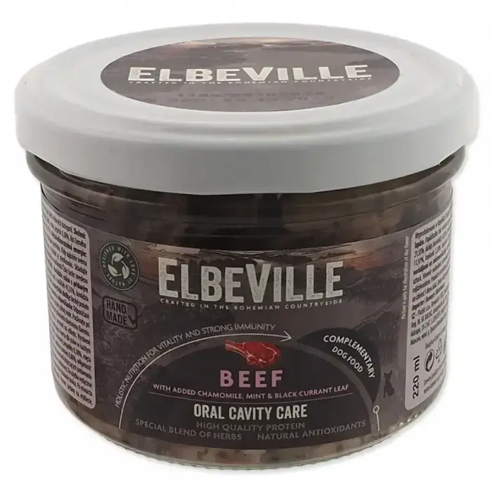 ElbeVille konservēta suņu barība mutes dobuma kopšanai – liellopu gaļa ar kumelītēm, piparmētrām un upeņu lapām, 220 ml