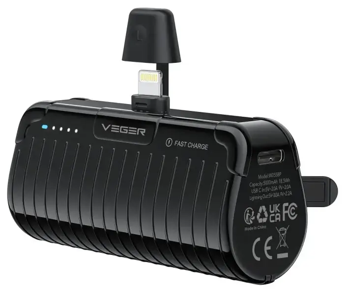 Veger PlugOn (W0558P) Powerbank | 5000 mAh | 20W | PD, QC | Lightning | Melns