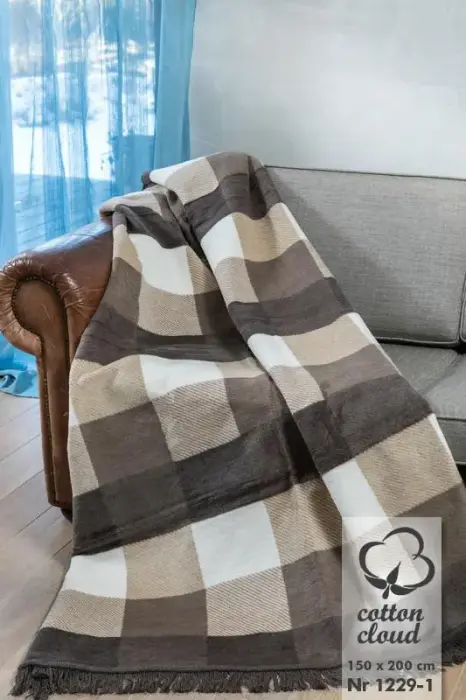 Kokvilnas akrila sega 150x200 cm 1229/1 pleds bēšs brūns krēmkrāsa
