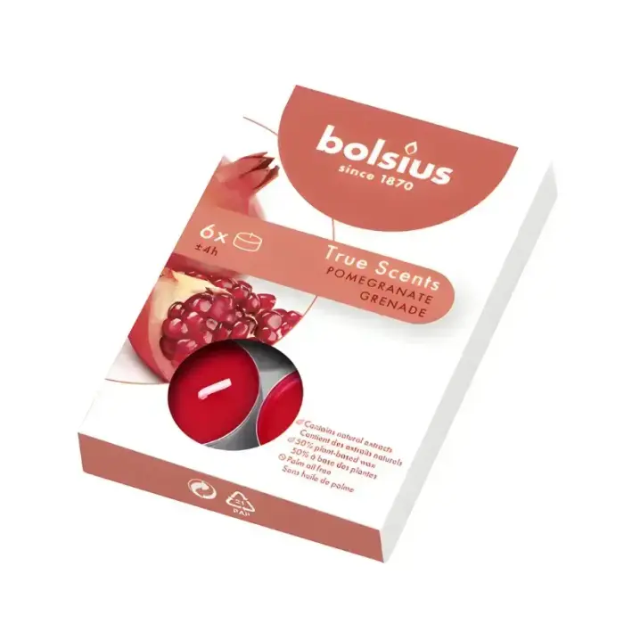 Bolsius True Scents Granātābolu Aromatizētas Tējas Sveces, 6 gab.