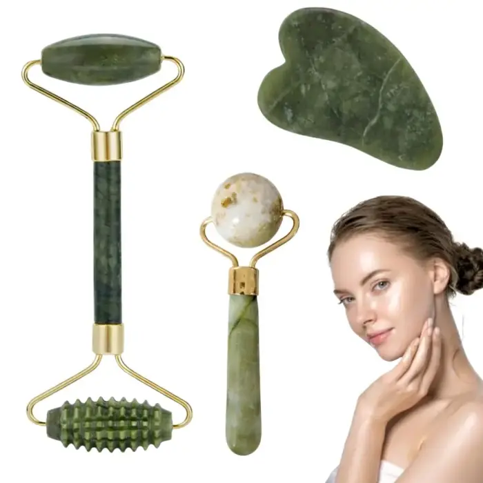 3-in-1 sejas masāžas rīks no jadeīta – rullītis, veltnis, plāksnīte, gua sha akmens