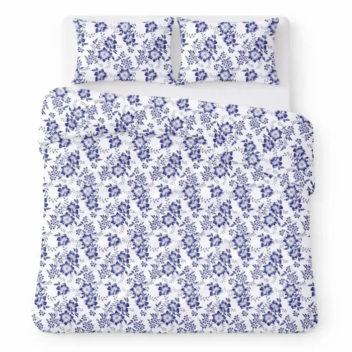 Puuvillane voodipesu komplekt 200x220 cm, valge tumesinistest lilledest mustriga – COTTON HOME