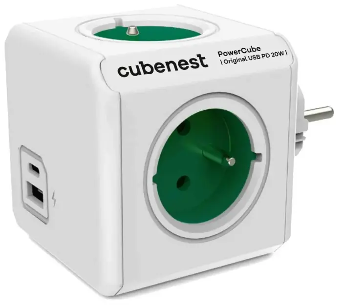 Cubenest Powercube Original USB PD 20W, A+C, 4× kontaktligzda, balta/zaļa, dětská pojistka, uzemnění, max. 16A/250V~3680W