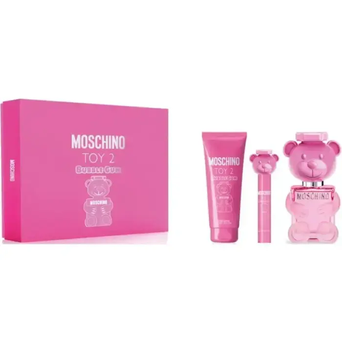 Moschino Toy 2 Bubble Gum Unisex dāvanu komplekts: EDT aerosols 3.4 OZ, ķermeņa losjons 3.4 OZ, mini EDT aerosols 0.33 OZ
