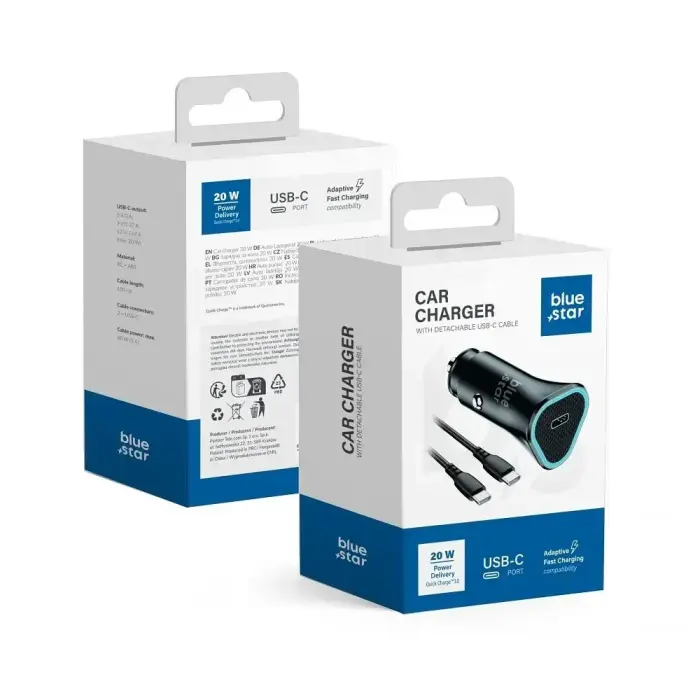 Blue Star Autolaadija, 20W, PD, QC, AFC, USB-C, koos USB-C to USB-C kaabliga, Must