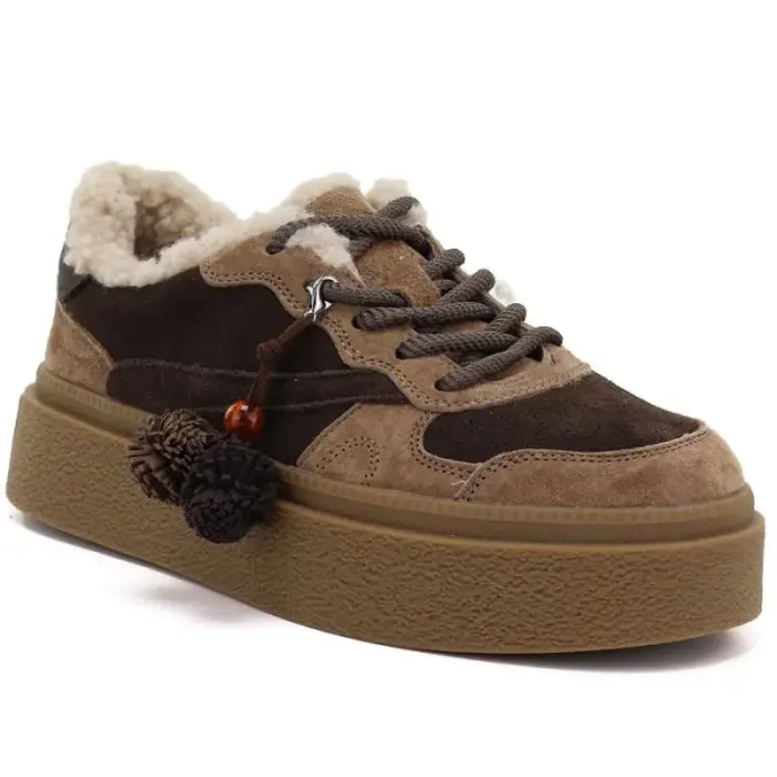 Brown and beige insulated leather platform shoes Kobbo 79665 - Buty: 37