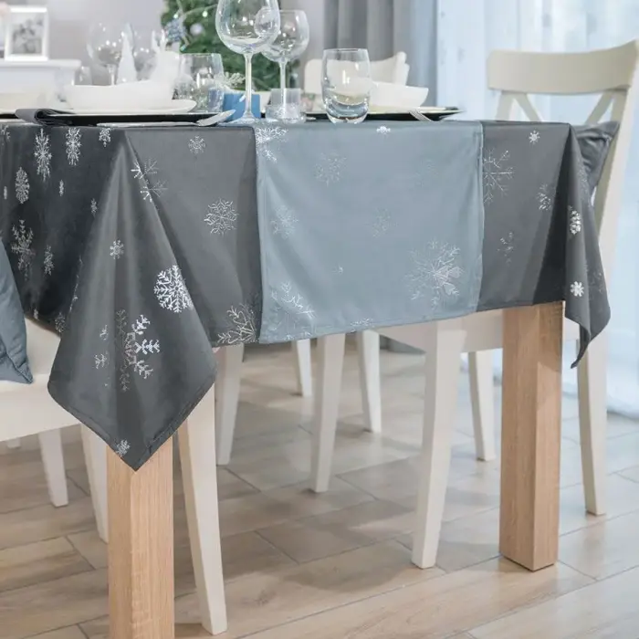 Waterproof Table Runner 40x160 cm Light Blue with Silver Decoration Śnieżki Velvet