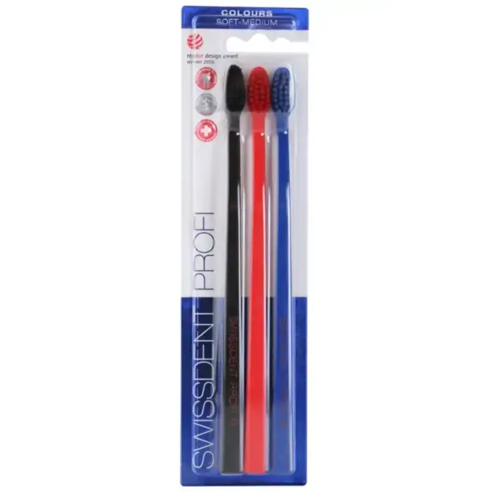 Swissdent Soft-Medium Toothbrushes, 2+1 Free (Black, Red, Blue)