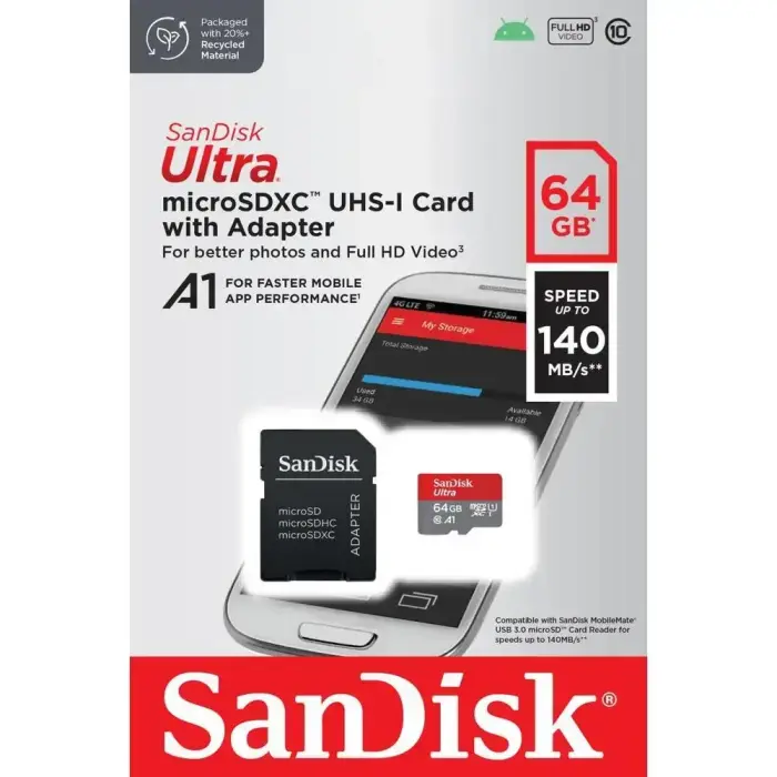 SanDisk Ultra microSDXC 64GB 140MB/s A1 Class 10 UHS-I Карта памяти + адаптер