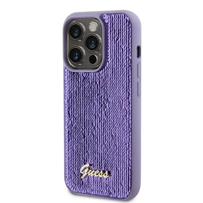Guess Sequin Script Logo vāks iPhone 14 Pro Violets