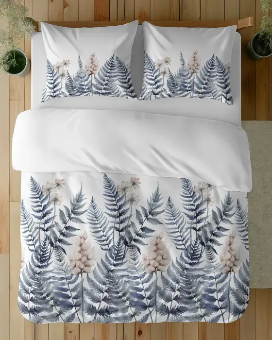 Voodipesu komplekt 160x200 cm Valge Sinine Sõnajalg Lilled 5248 B