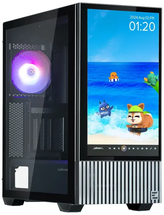 Zalman PC Case Z10 DS / Middle Tower / 3x120mm fan / 2x USB 3.0 / USB-C / odnímatelný 15.6 displej / tvrzené sklo / black