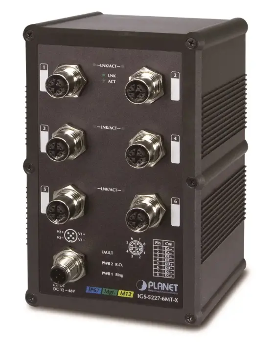IGS-5227-6MT-X, 6x 1000Base-T (M12), WEB/SNMP, L3, vodotěsný IP67,  EN50155, teploty -40~75°C