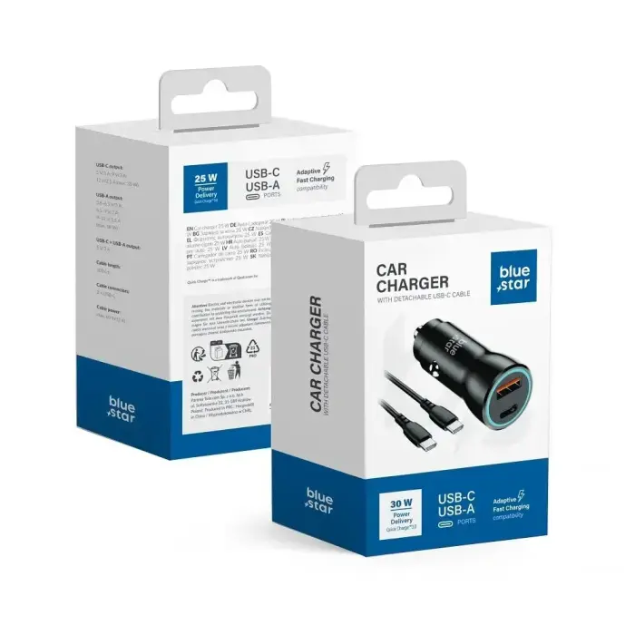 Blue Star autolaadija | 30W | PD, QC, PPS | USB-C, USB-A | koos USB-C to USB-C kaabliga | must