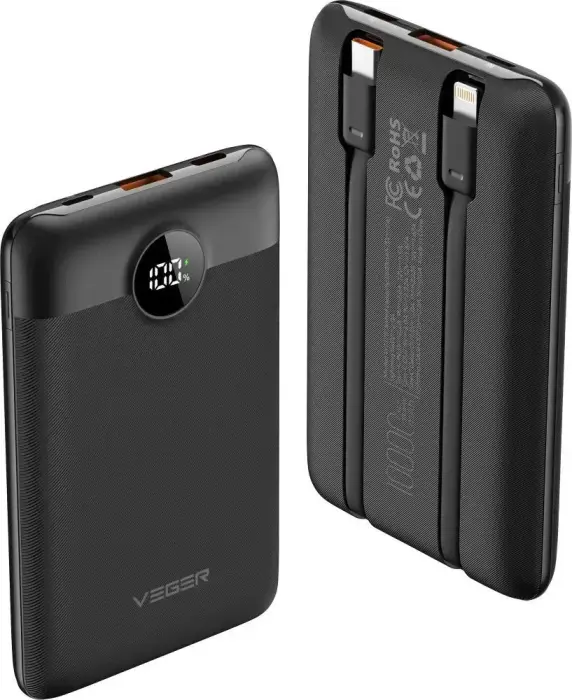 Veger C11 (W1170) Powerbank | 10,000 mAh | 22.5W | PD, QC | USB-C, Lightning, USB-A | Melns