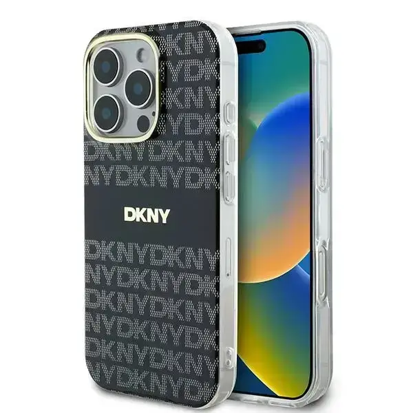 DKNY iPhone 16 Pro Max 6.9" Black Hardcase Repeat Texture Pattern With Stripe