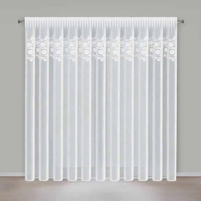 Caurspīdīgais aizkars Rosie 4 3D Eva Minge Eurofirany 400x270 cm, baltā krāsā, uz lentes, ar izšuvumu, ar spīdumu