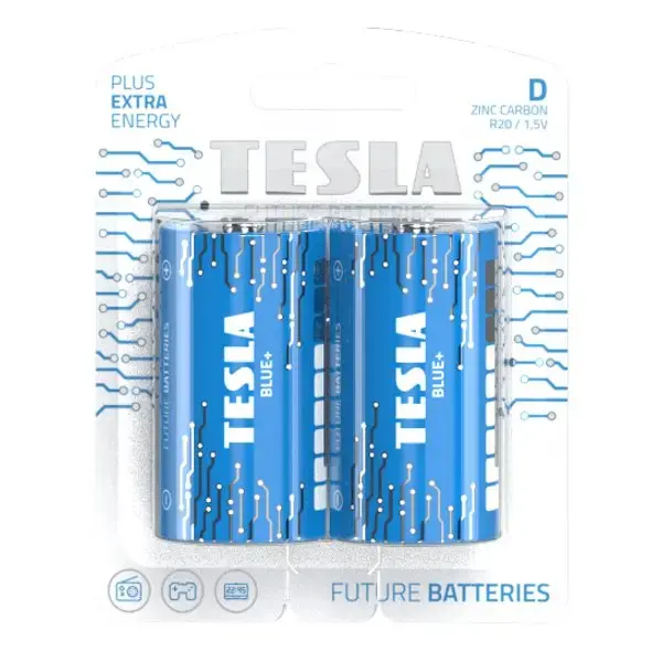 TESLA BLUE+ Zinc Carbon baterija D (R20, velký monočlánek, blister) 2 ks