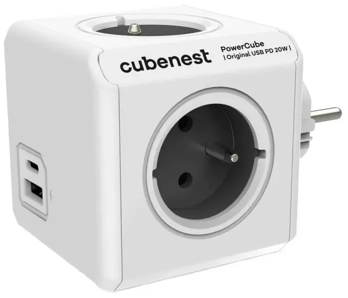 Cubenest Powercube Original USB PD 20W, A+C, 4× kontaktligzda, balta/pelēka, dětská pojistka, uzemnění, max. 16A/250V~3680W
