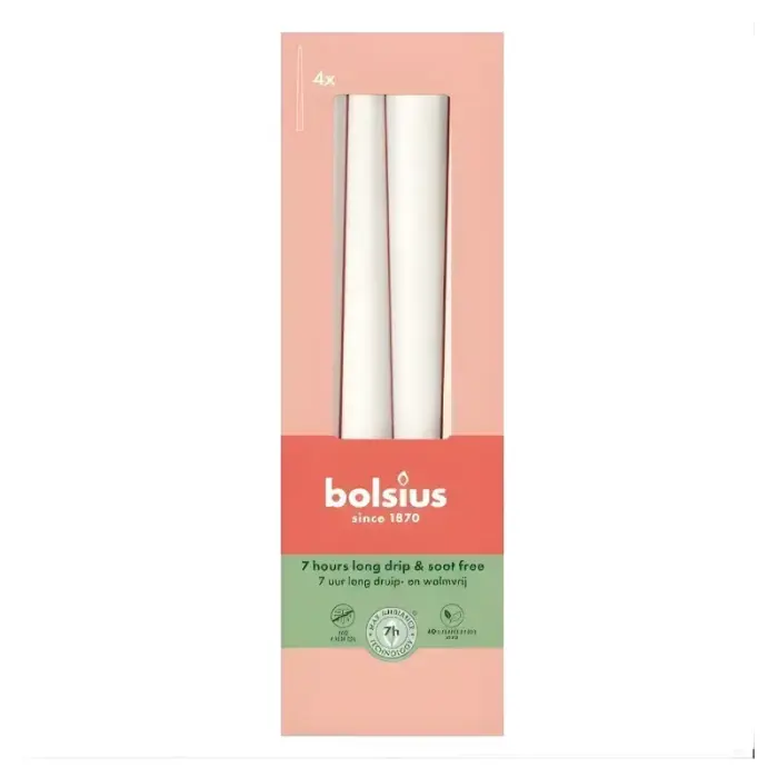 Bolsius Table candles 4 pcs, 245x24 mm, white