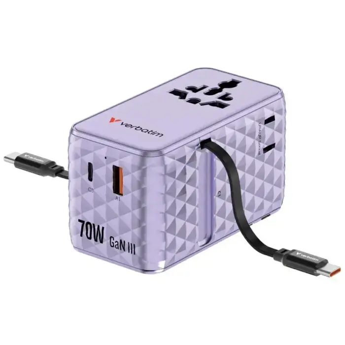 Verbatim Travel Adapter EU/UK/US GaN   1xUSB-C/1xUSB-A/2xUSB-C PD 70W purple 30188