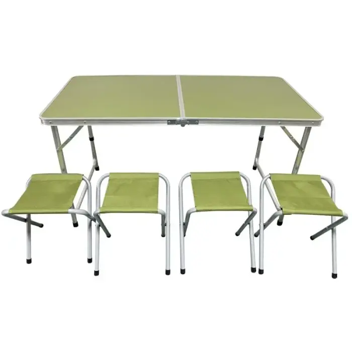 FOLDABLE CAMPING TABLE 120X60X70/62/55CM + 4 CHAIRS GREEN