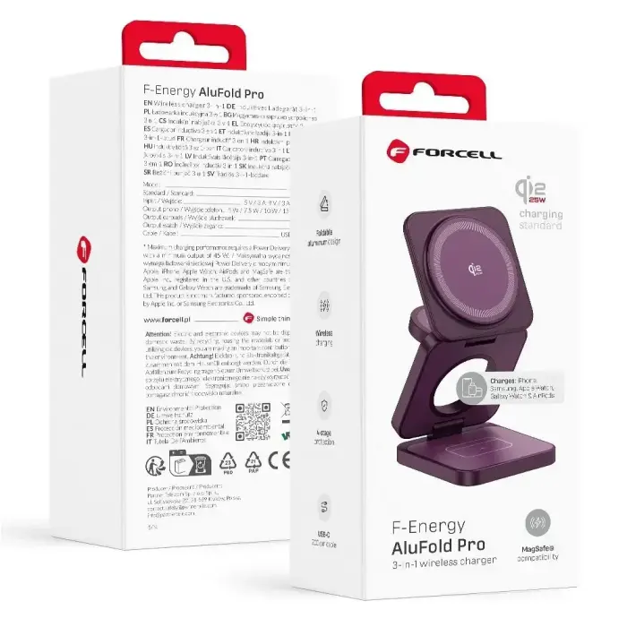 FORCELL AluFold Pro 3in1 Qi 2.2 25W Ultra-Fast Wireless Desk Charger for iPhone and Samsung compatible with MagSafe, Apple Watch, Samsung Watch burgundy