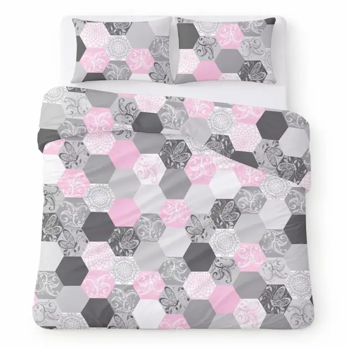 COTTON HOME Puuvillane voodipesu komplekt 200x220 cm, hall-roosa geomeetriliste kuusnurkadega