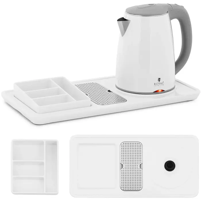 Royal Catering hotelli tervituskomplekt 1.2 L elektrilise veekeetja ja kandikuga, 1800 W, valge