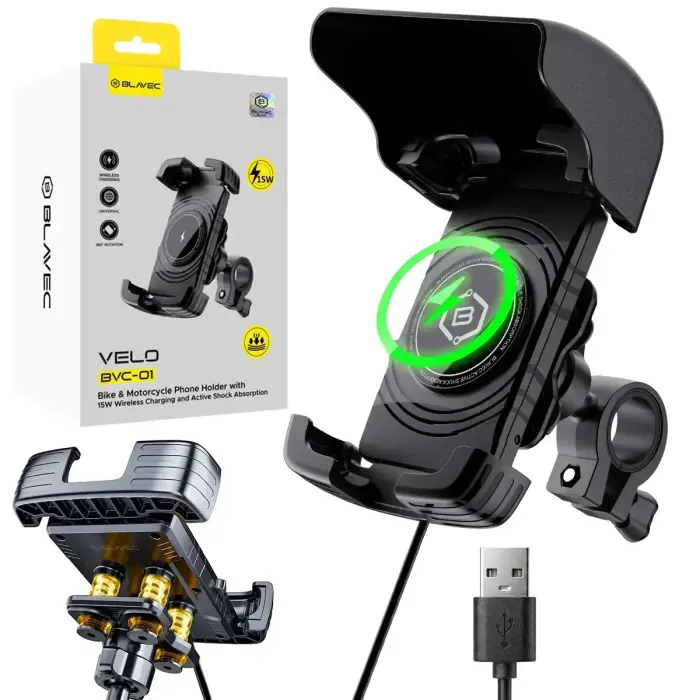Blavec BVC-01 Bicycle Phone Holder with 15W Wireless Charging and Shock Absorption, black
