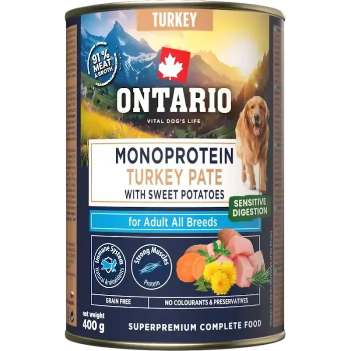 Ontario Adult Canned Dog Food - Monoprotein Turkey Pâté with Sweet Potatoes, 400g