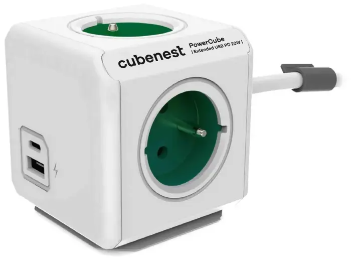 Cubenest Powercube Extended USB PD 20W, A+C, 4× kontaktligzda, 1,5m, balta/zaļa, dětská pojistka, uzemnění, dok, 10A/250V