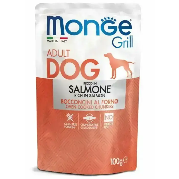 Monge Dog Grill Pouch Adult Chunkies Rich in Salmon 100 g — complete wet food for adult dogs with salmon, grilled chunks