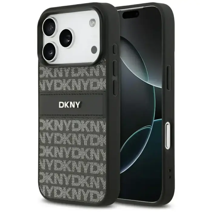 DKNY Repeat Texture Pattern with Tonal Stripe Case for iPhone 17 Pro Black