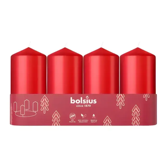 Bolsius Cilindra sveces 4 gab. Ø100x48mm Sarkanas