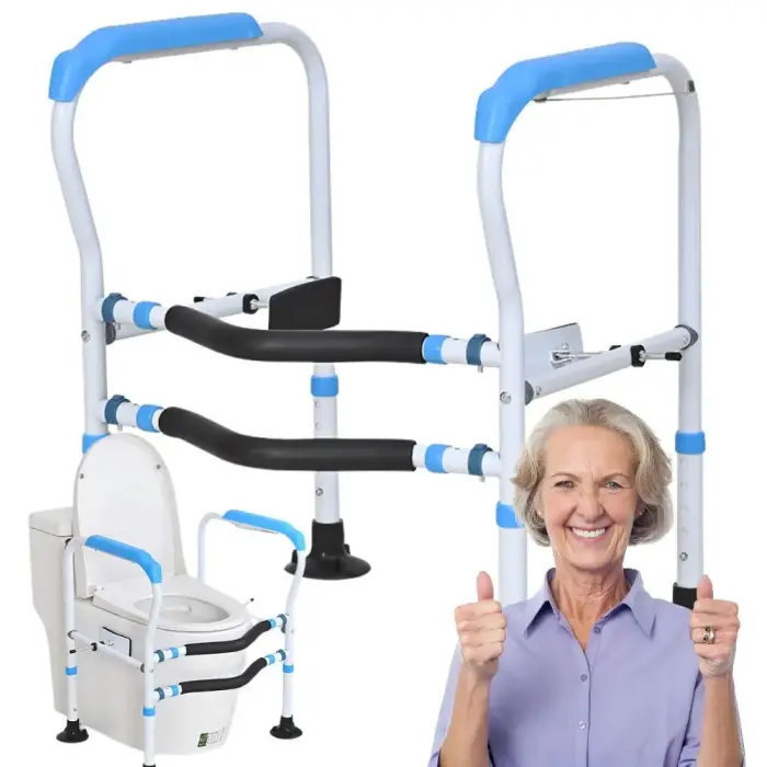 Adjustable toilet safety rail for seniors