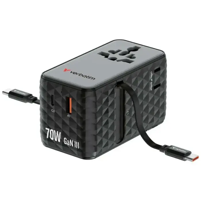 Verbatim Travel Adapter EU/UK/US GaN   1xUSB-C/1xUSB-A/2xUSB-C PD 70W black 30186