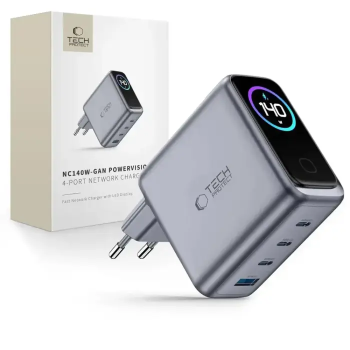 TECH-PROTECT POWERVISION NC140W-GAN 4-PORTU TĪKLA LĀDĒTĀJS PD 140W / QC3.0 TUMŠI PELĒKS
