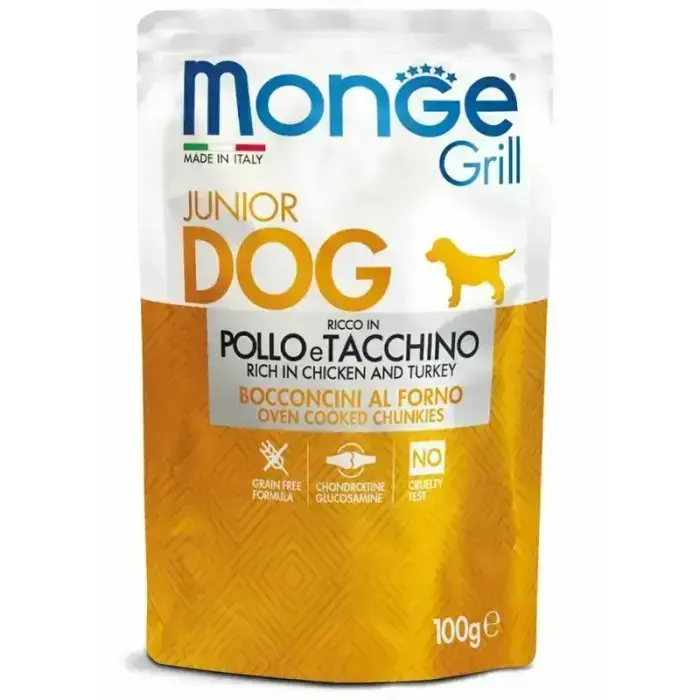 Monge Dog Grill Pouch Junior Chunkies Rich in Chicken and Turkey 100 g — complete wet food for puppies with chicken and turkey, oven-baked chunks
