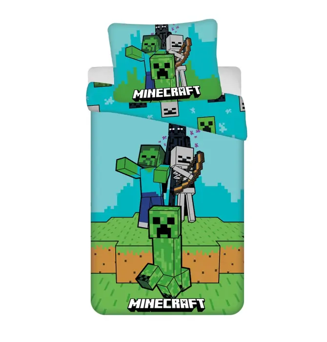 Kokvilnas gultas veļas komplekts 140x200 Minecraft Mobs Here zili zaļš ar spilvendrānu 70x90 JF 02