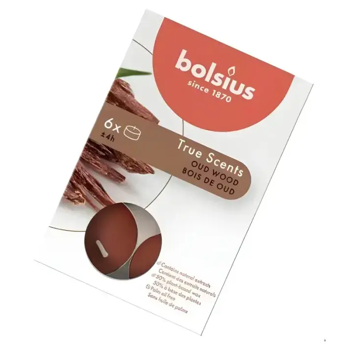Bolsius True Scents Oud koka aromātiskās tējas sveces, 6 gab.